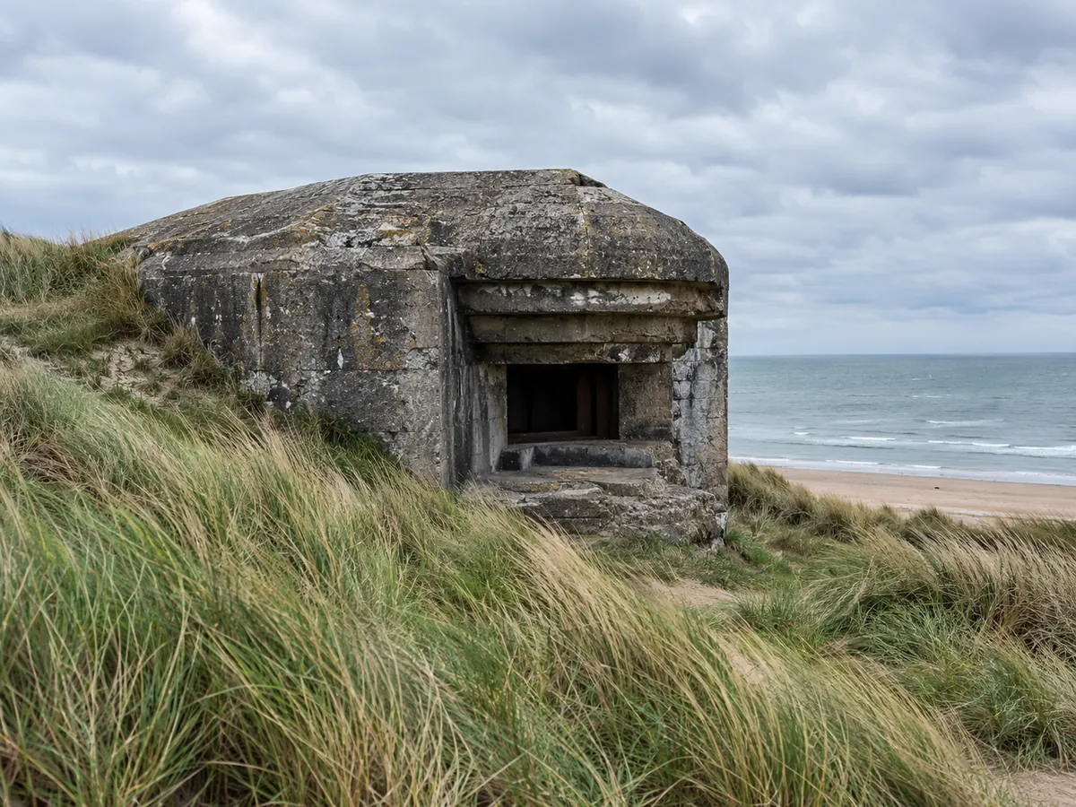 A weathered concrete bunker half-buried in grassy dunes above a beach