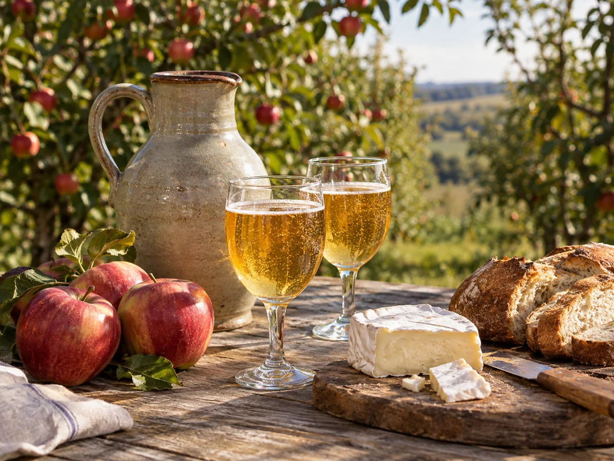 A jug and glasses of golden cider with apples, bread and cheese on a wooden table in an orchard