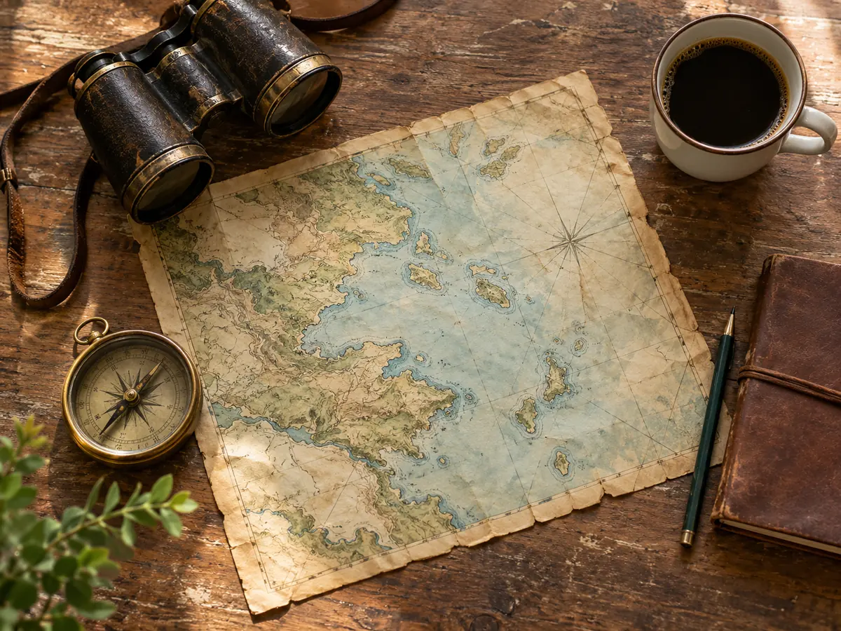 An old paper map with a brass compass, binoculars and a notebook on a wooden table